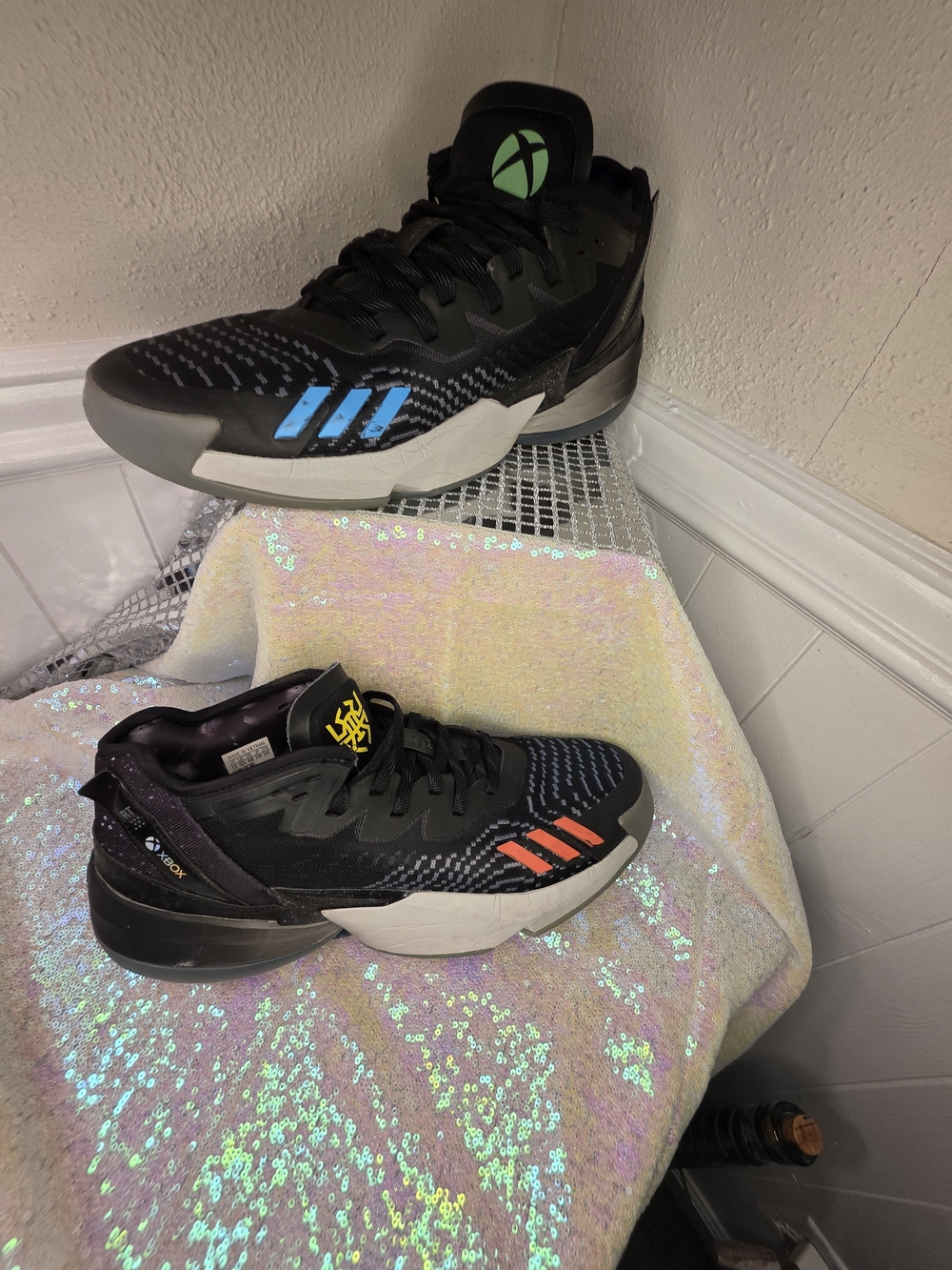 Xbox Adidas Mens Black Basketball Shoes with Blue and Orange Accents